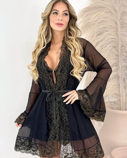 Conjunto Paco Rabanne Camisola + Calcinha + Robe em Tule e Renda