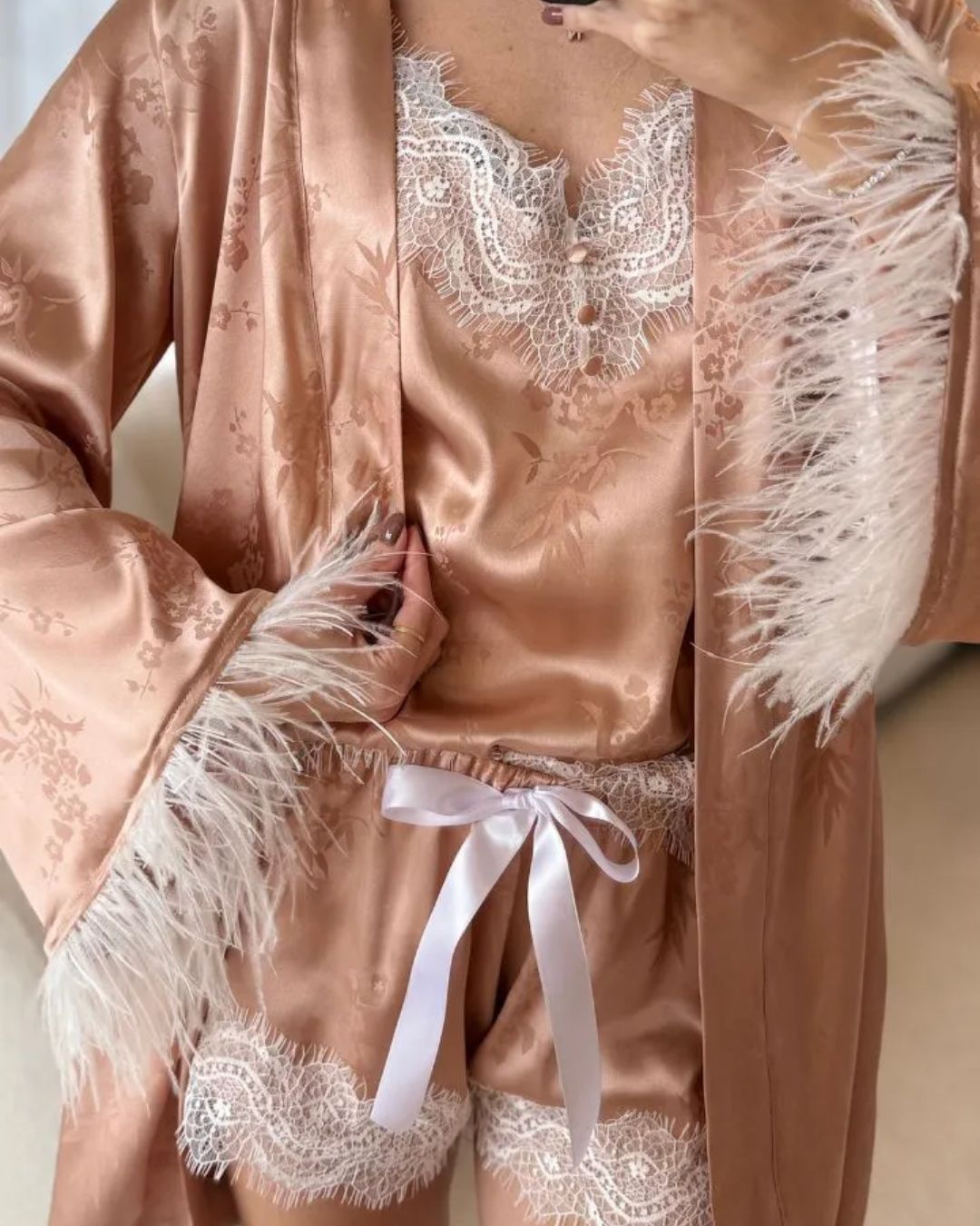 Conjunto Princess Rosé Baby-Doll e Robe em Cetim e Renda