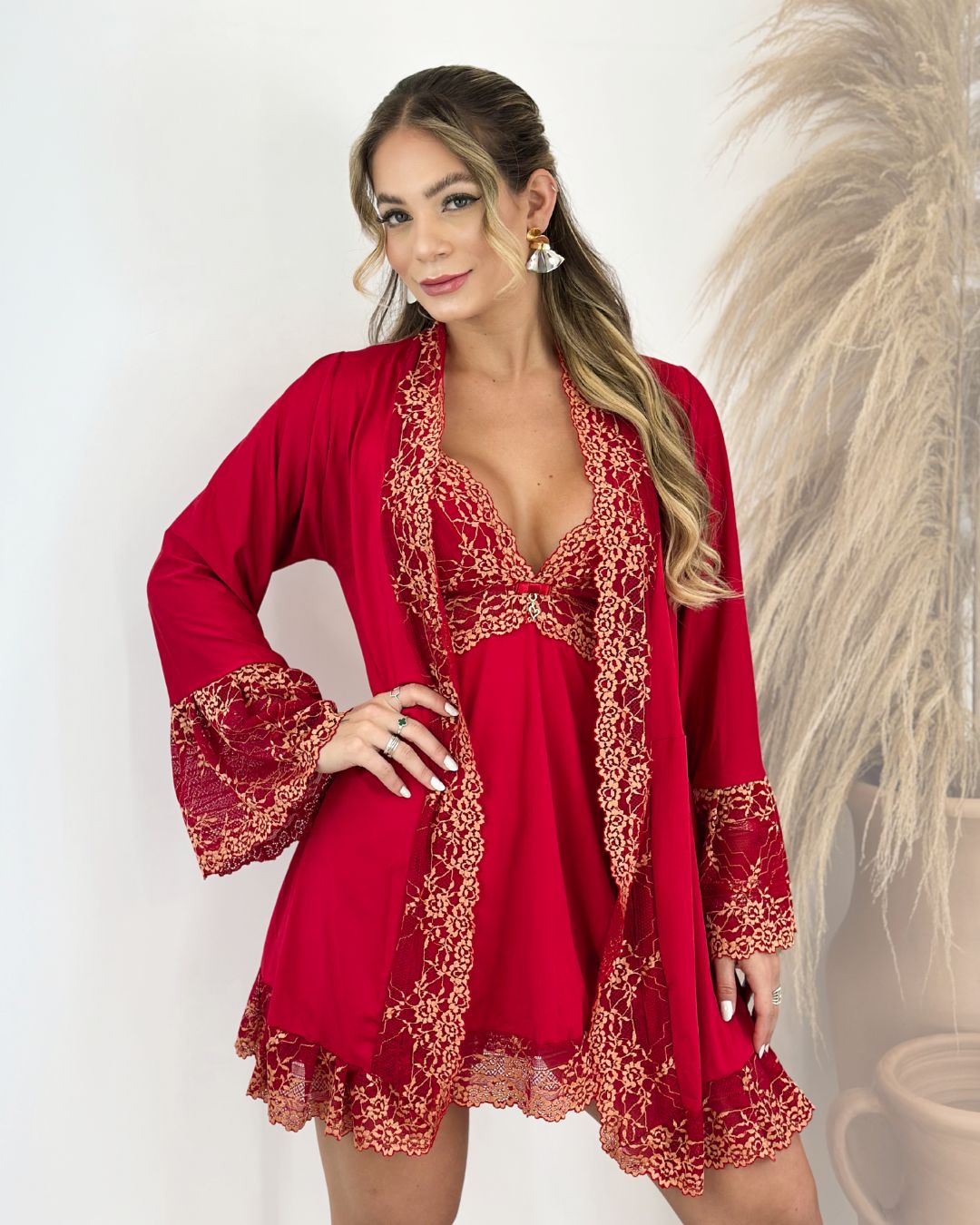 Conjunto Valentino - Camisola + Robe e Calcinha
