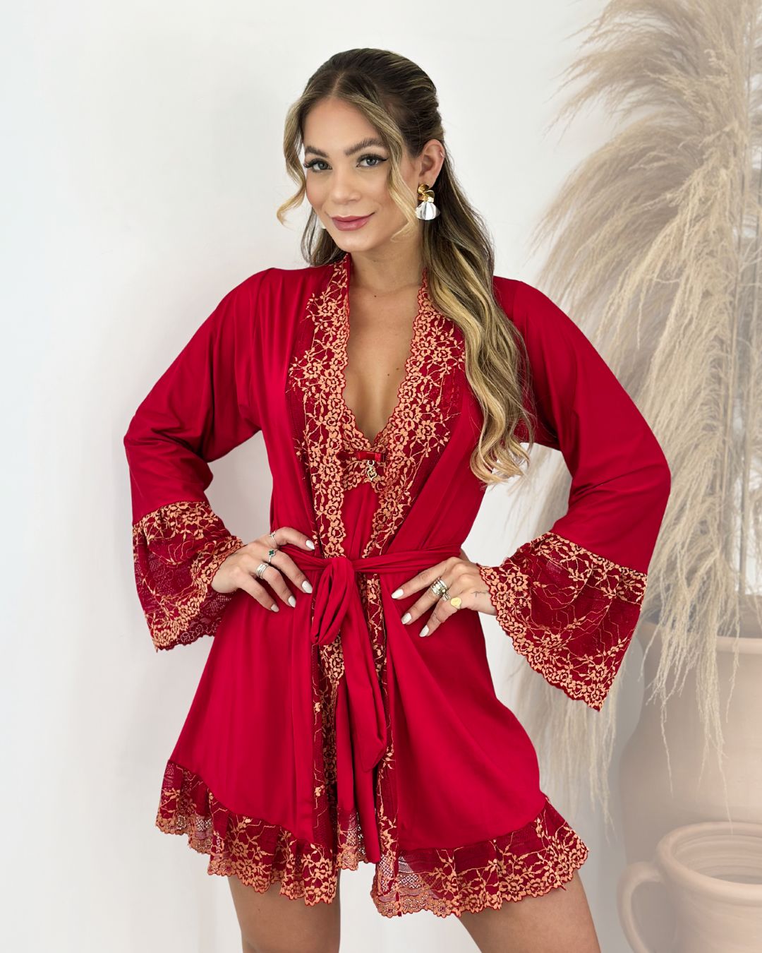 Conjunto Valentino - Camisola + Robe e Calcinha