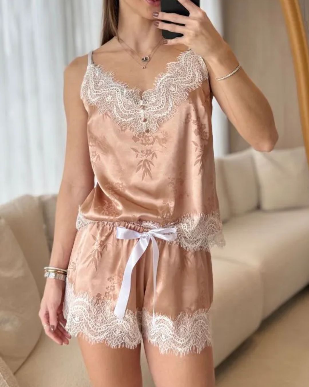 Conjunto Princess Rosé Baby-Doll e Robe em Cetim e Renda