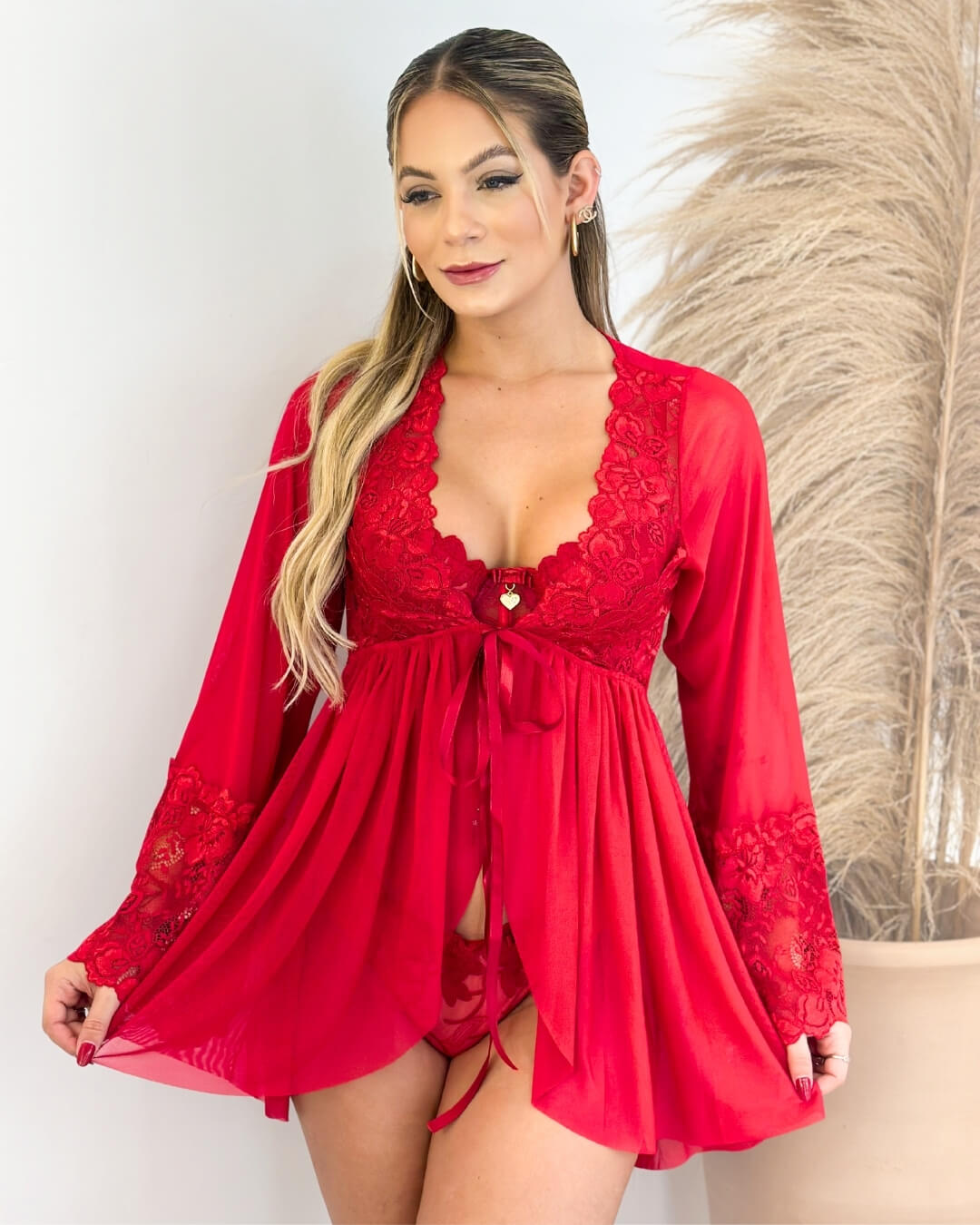 Robe La Rouge em Renda e Tule - Vermelho