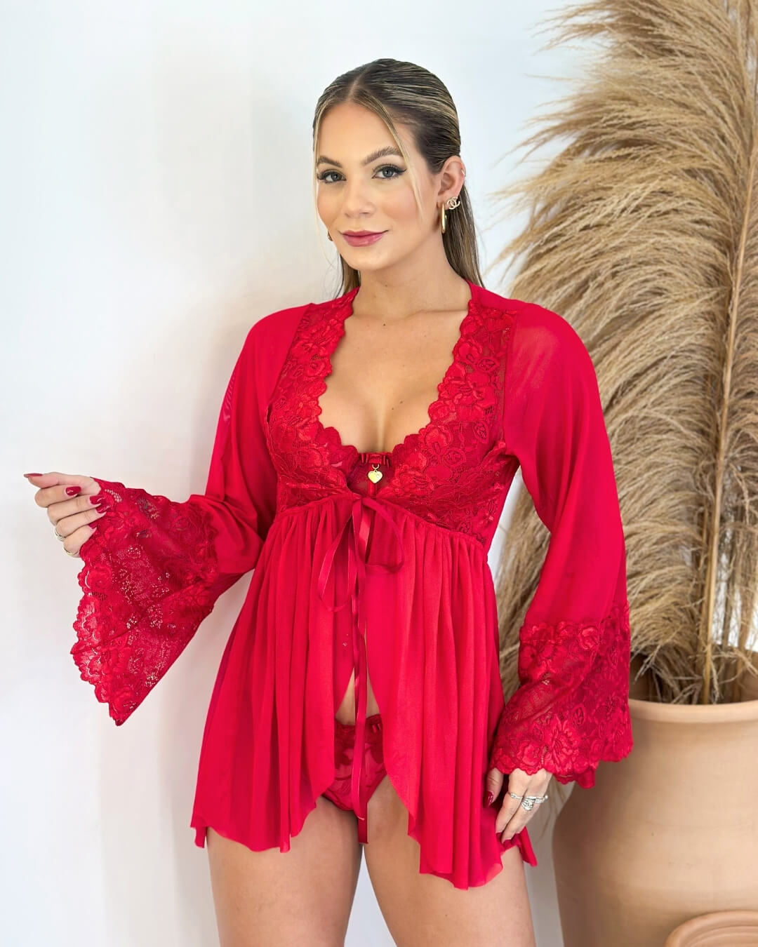 Robe La Rouge em Renda e Tule - Vermelho