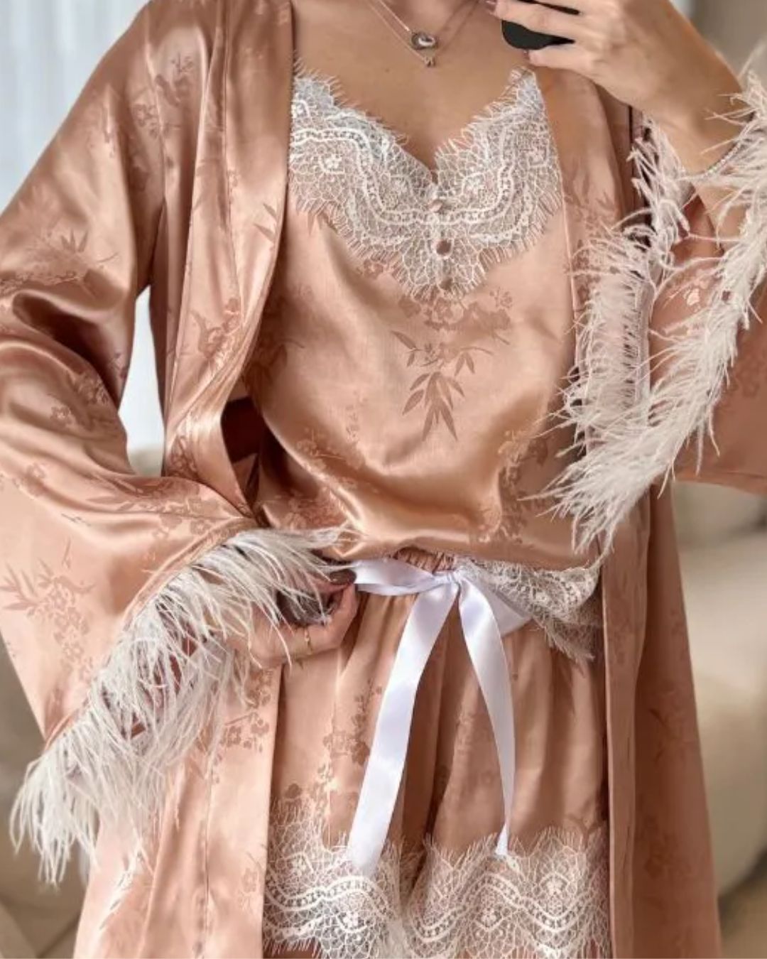 Conjunto Princess Rosé Baby-Doll e Robe em Cetim e Renda