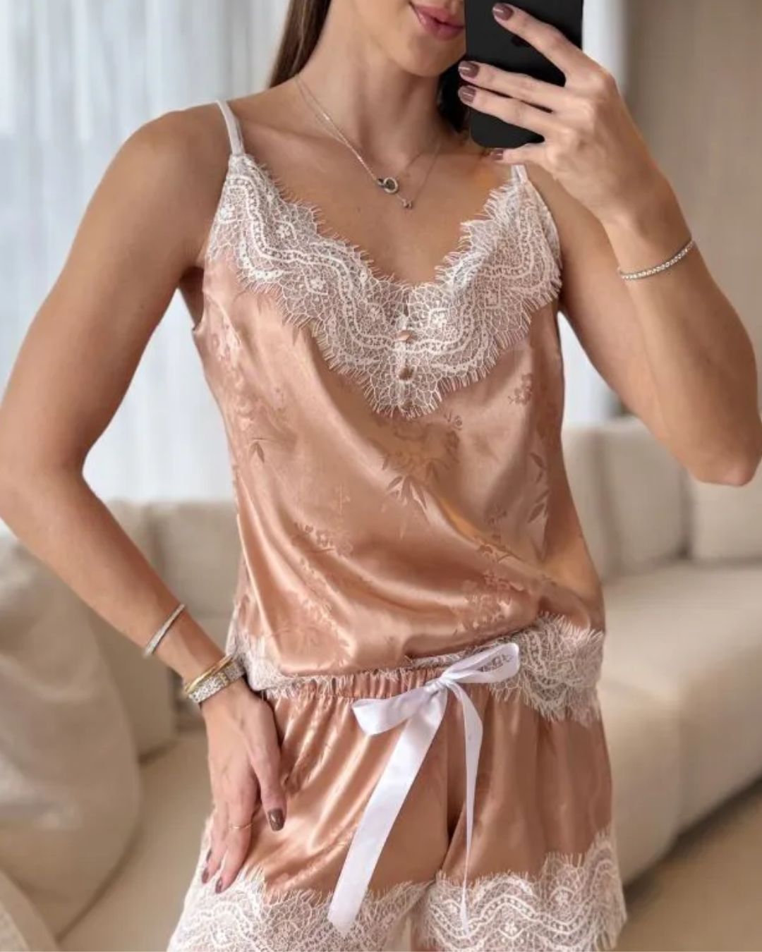 Conjunto Princess Rosé Baby-Doll e Robe em Cetim e Renda